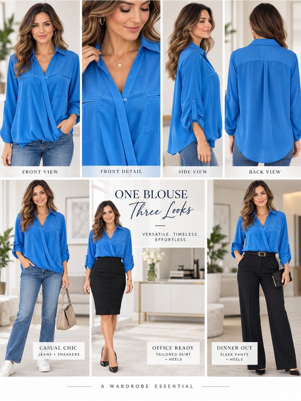 Suzy Shier Women’s Blue wrap front Draped roll tab sleeve Blouse hi-low M
